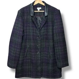 Susan Graver Women's L Plaid Faux Leather Collar‎ Wool Blend Coat Jacket Purple